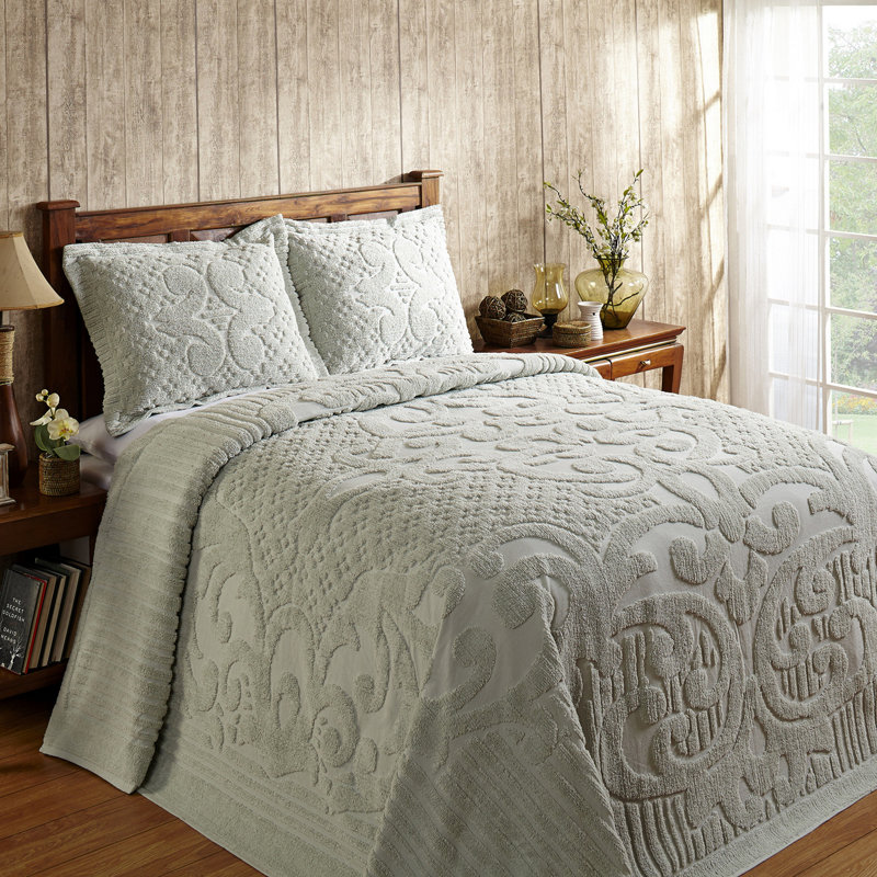 Ashton Collection 100% Cotton Chenille Full/Double Bedspread Set, Traditional Tufted Medallion Bedding with Matching Shams, OEKO-TEX Certified, Soft, Breathable, Machine Washable, All-Season, Sage