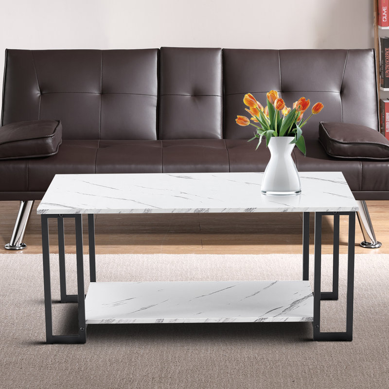 Table basse en bois imitation marbre moderne avec tablette, Noir