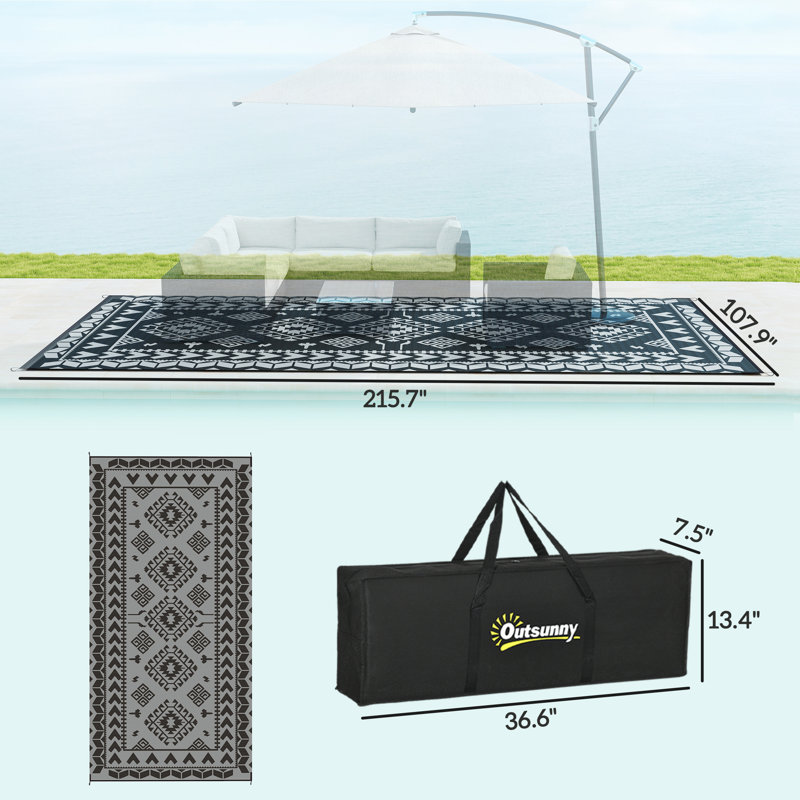 Reversible Outdoor Rug, 9' x 18' Waterproof Plastic Straw Floor Mat, Portable RV Camping Carpet, Large Floor Mat for Backyard, Deck, Picnic, Beach, Black & Gray Rhombus Patchwork