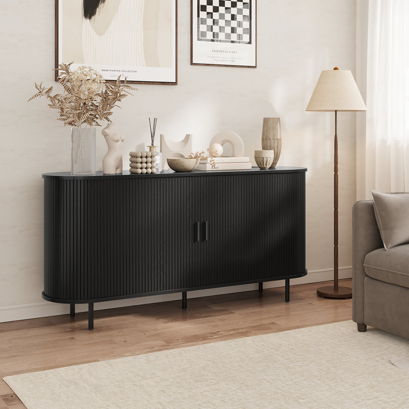 63" Sideboard Buffet Cabinet With Large Drawer, Storage Buffet With Tambour Sliding Door & Adjustable Shelf, Black