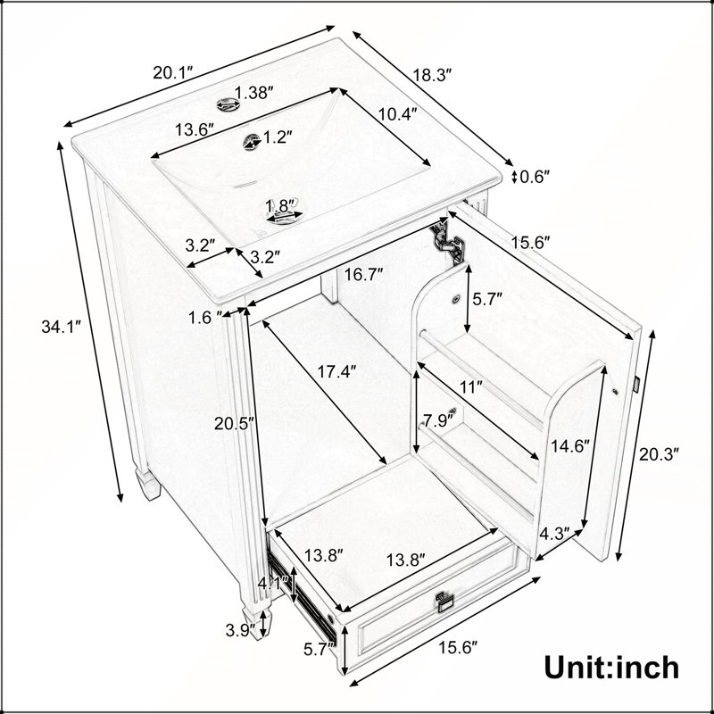 Meuble-lavabo autoportant de 20 pouces avec lavabo en céramique, rangement spacieux et fabrication durable pour les salles de bain modernes