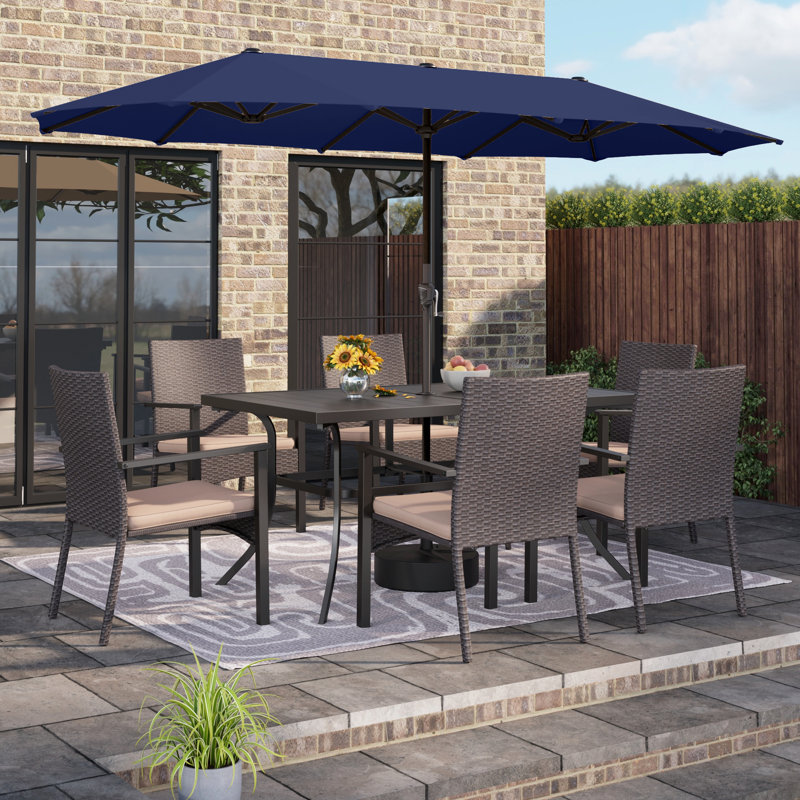 8 Pcs Patio Dining Set 6 Armchairs And Rectangular Table , Umbrella Included, Navy Blue