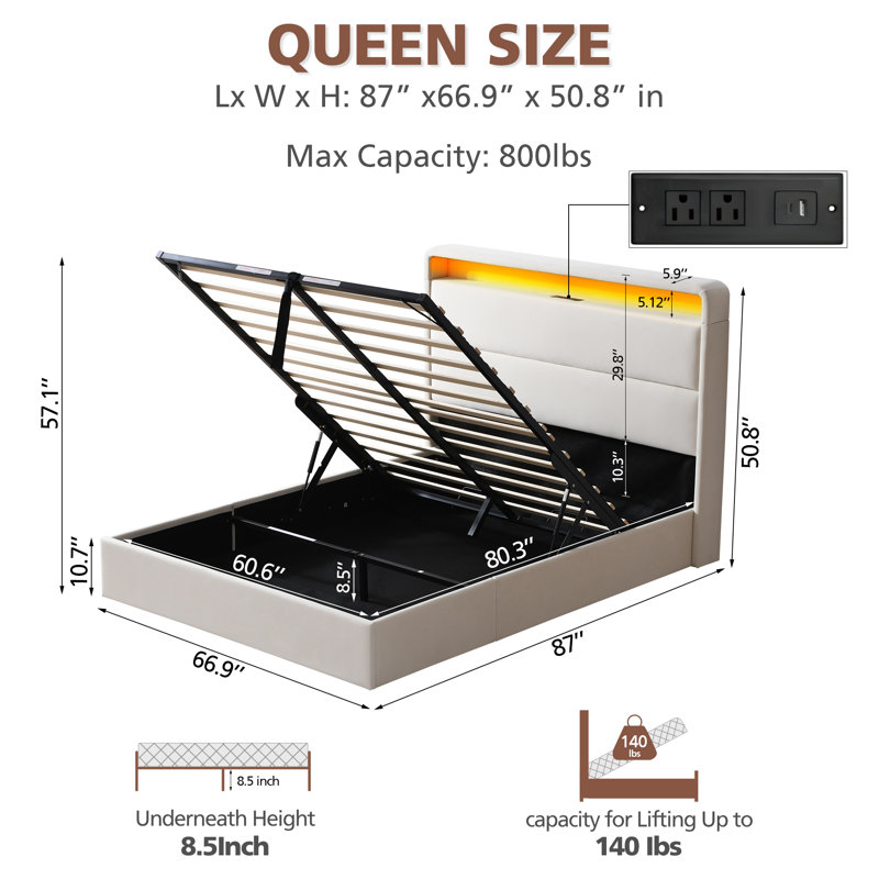 Braya Hydraulic Lift Up Storage Upholstered Platform Bed With Charging Station & LED Lights, Queen, Sand White