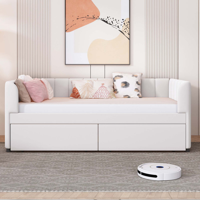 Lit de jour simple rembourré avec dossier ergonomique et 2 tiroirs, Beige