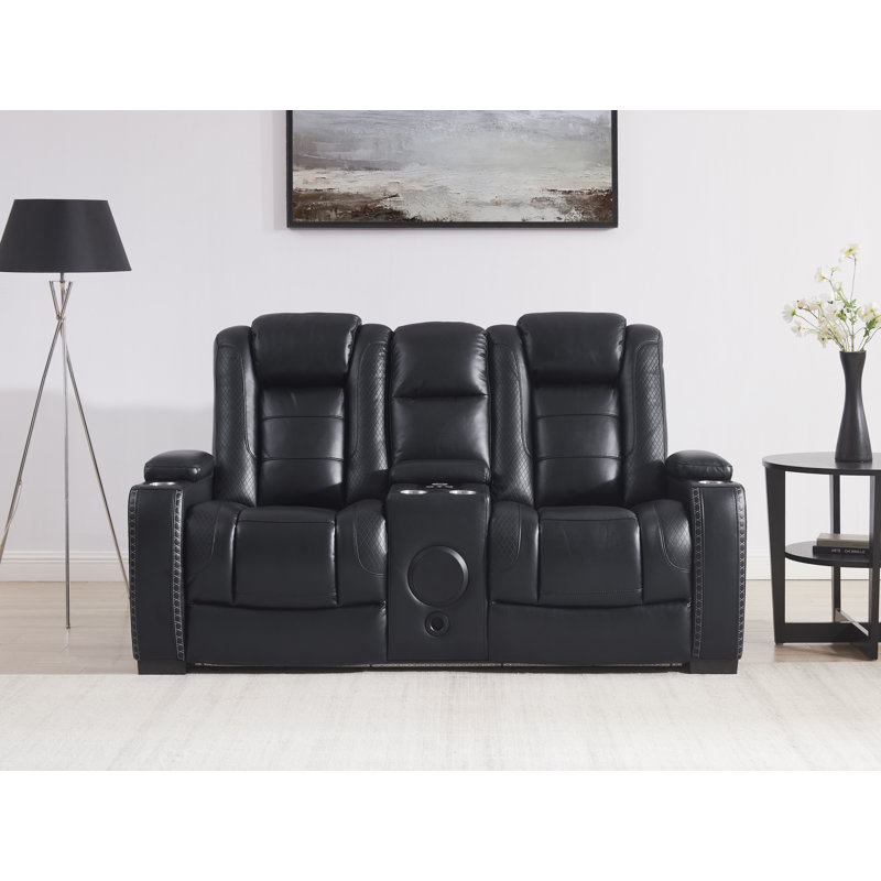 73.5''Wide Breathable Leather Square Arms Power Reclining Loveseat With Blueooth Speeker And Wireless Charger
