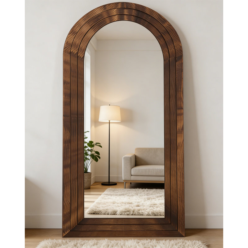 Arched Vintage Style Full-Length Mirror – Wooden Frame, Freestanding, Wall-Mounted, Oversized Floor Mirror, Walnut