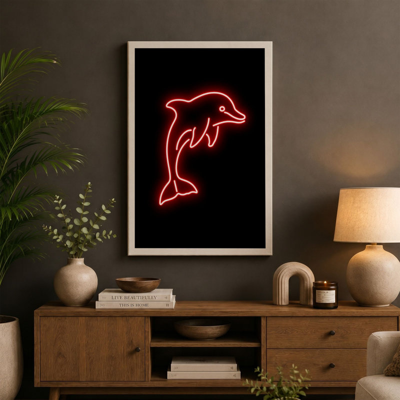Neon Dolphin Leap Minimalist - Wrapped Canvas, 30x20 - 76.2 x 50.8 cm, Teal Border