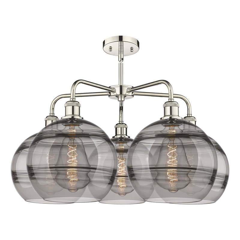 Lustre rond / ovale à abat-jour 5 lumières, Nickel poli, Gris fumée clair, H 17,13 po x l 28 po x P 28 po