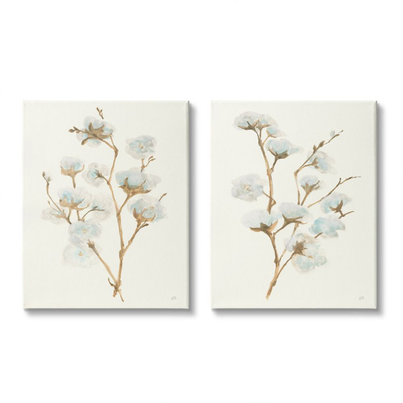 «Cotton Flower Stems Rustic Floral Farmhouse», peinture par Chris Paschke - ensemble de 2 impressions, H 30 po x l 24 po