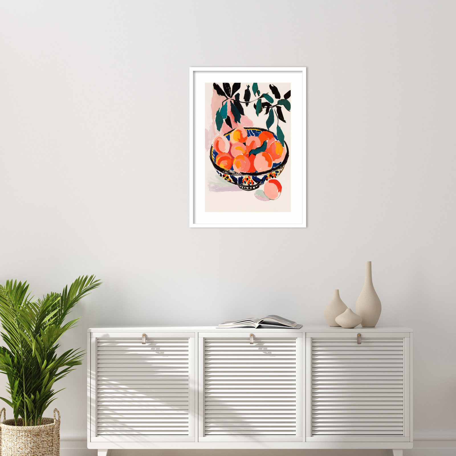 Ottilie "Fresh Peach Fruit Bowl" Print, White Framed, 33" H x 24" W