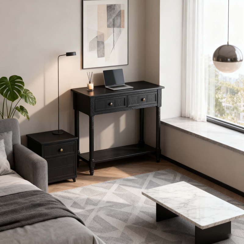 Console traditionnelle avec deux tiroirs et une tablette inférieure pour un rangement et une présentation polyvalents, Noir