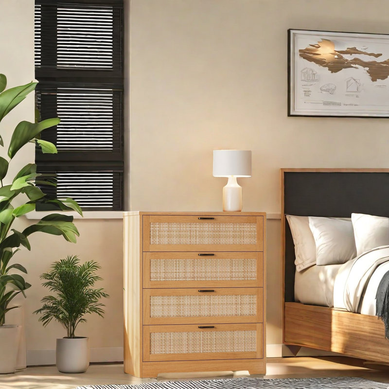 4 Drawer Dresser, Rattan Dresser With Power Outlets, Oak Natural