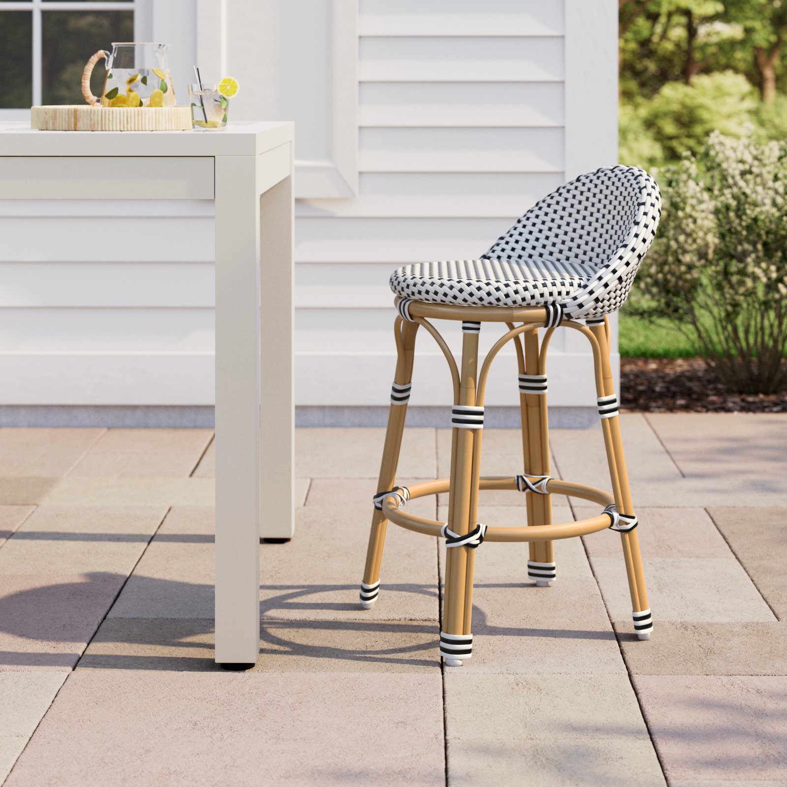 Ellie Woven Patio Bar Stool, Black/White