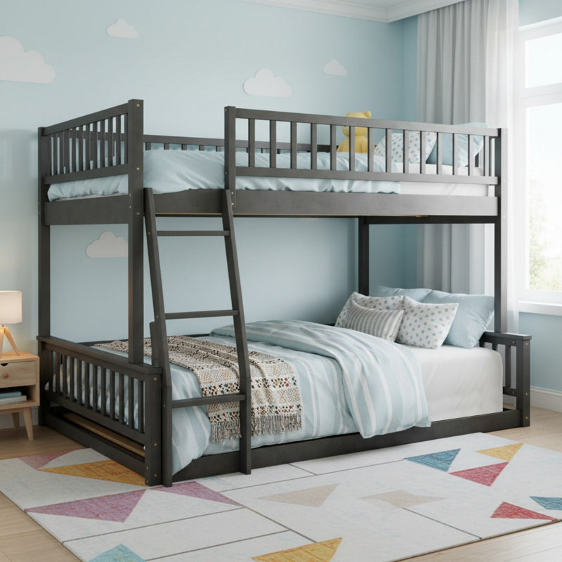 Solid Wood Full XL Over Queen Bunk Bed with Ladder and Guardrails, Convertible 2 Beds for Boys& Girls, Gray