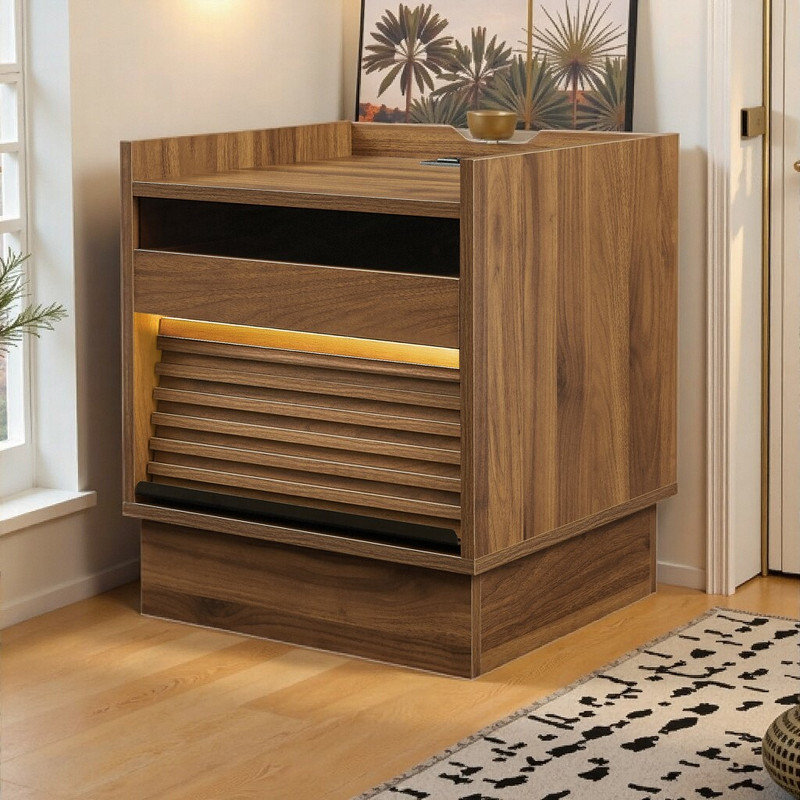 Table de chevet moderne 17 pouces avec station de charge, table de chevet 2 tiroirs à DEL pour chambre à coucher, Brun