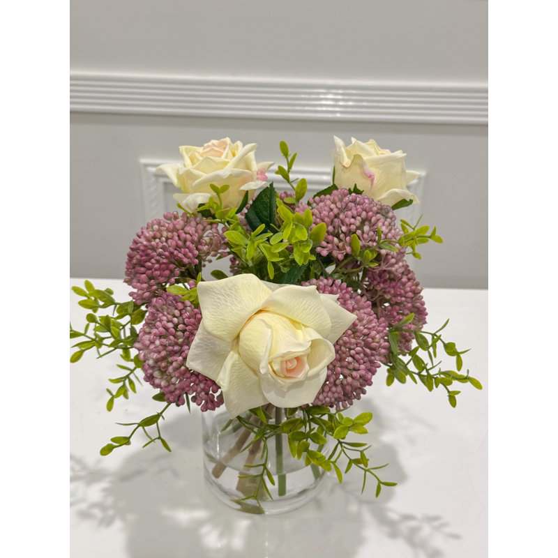 Real Touch Rose Arrangement: Lavender, Pink Berries in Glass Vase