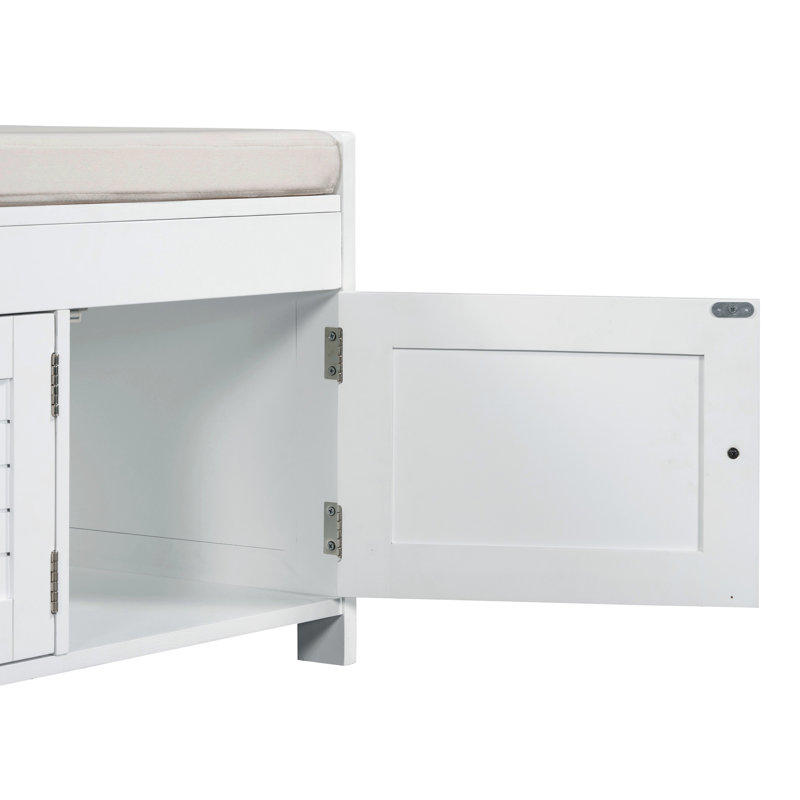 Banc de rangement avec 3 portes en forme de volet, banc à chaussures avec coussin amovible et espace de rangement caché
