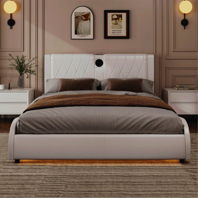 King Size Luxurious Faux Leather Upholstered Platform Bed With Thickened Headboard, Bluetooth Speakers And RGB LED Light, No Box Spring Needed, White