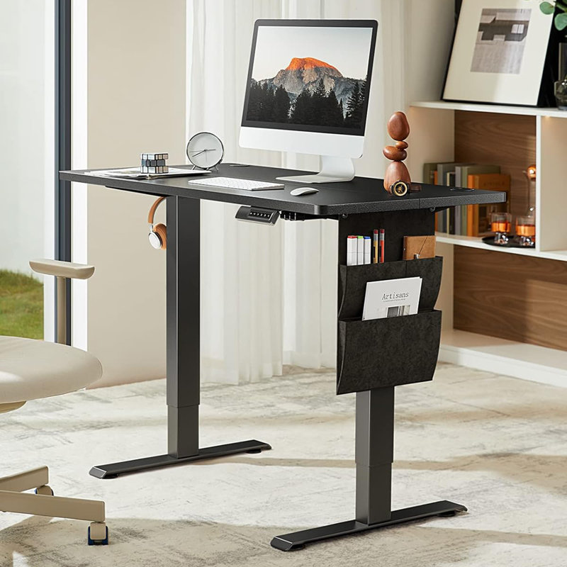 Hrithvik  Height Adjustable Computer Standing Desk with Storage Bag for Home Office, Brown/Black, 46.7" H x 48" W x 24" D