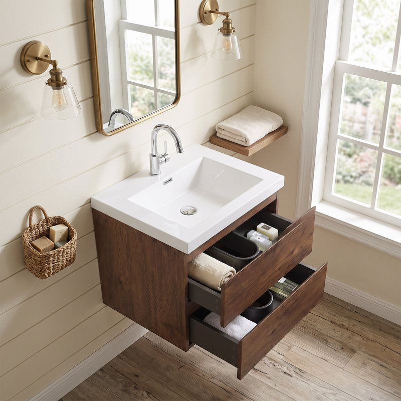 Meuble-lavabo mural en mélamine de 61 cm (24 po), aspect bois de rose, résistant à l'usure et aux égratignures, surface non poreuse et facile à nettoyer, préassemblé