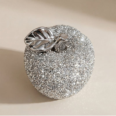 Shiny Diamond Ceramic Apple Sculpture Silver Crystal Tabletop Accent