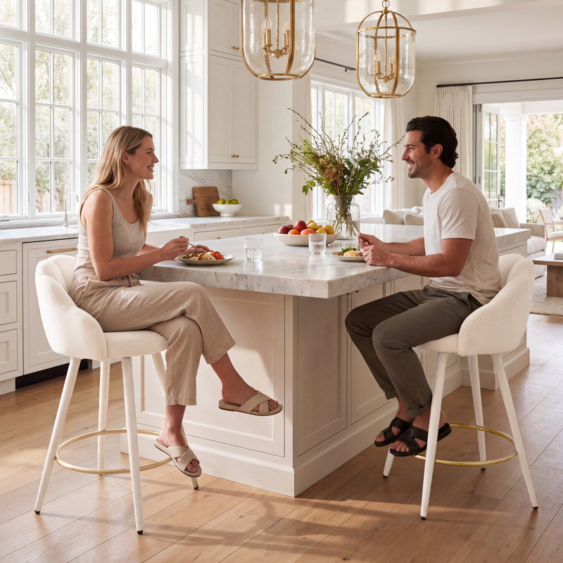 Petal‑Shaped Upholstered Counter Height Bar Stools, Velvet Bar Chairs with Steel Metal Frame, Thick Padded Seat & Decorative Footrest for Kitchen Island, Dining Room and Home Bar