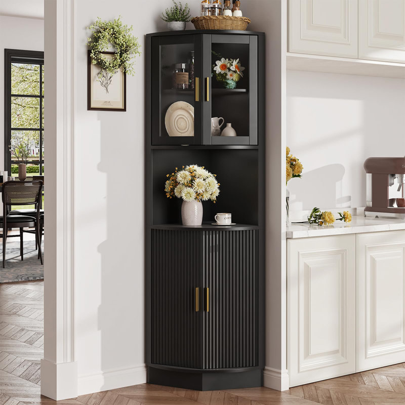 64.9" Tall Corner Cabinet With Glass Door, Black, Gold