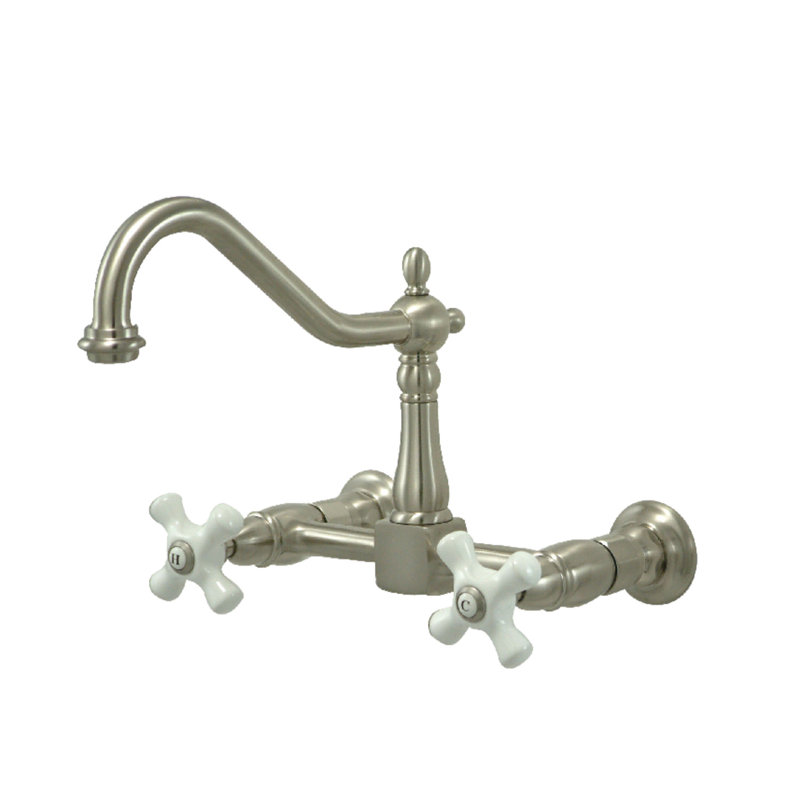 Kingston Brass Duchess Double-Handle 2-Hole Wall-Mount Bridge Kitchen Faucet, Brushed Nickel/Trim White