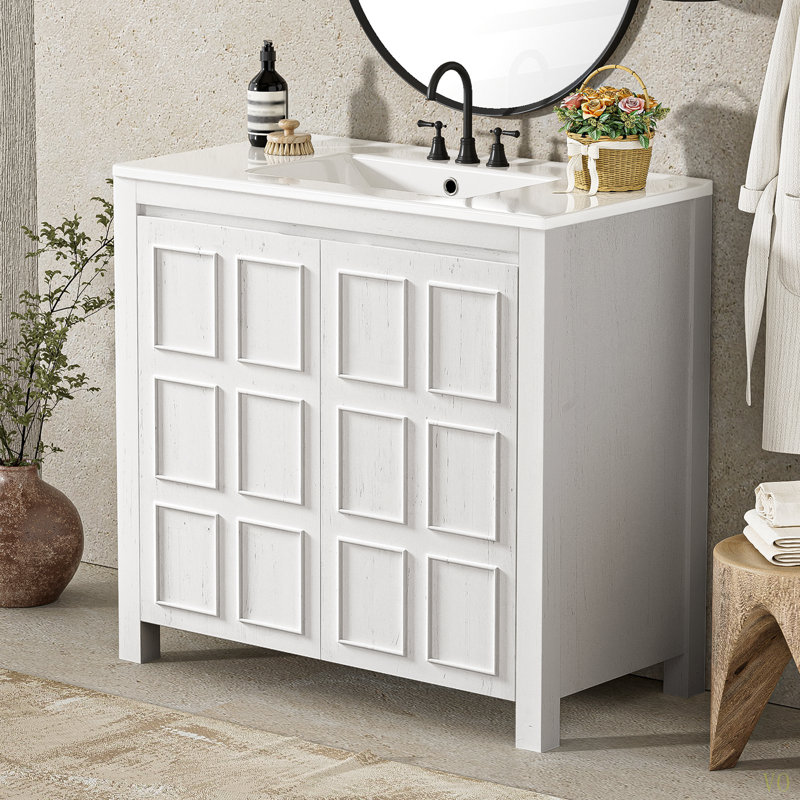 Rangement pour meuble-lavabo 36 po avec lavabo en céramique, Blanc antique