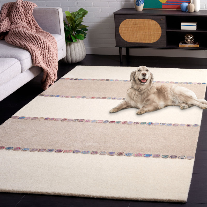 Krislee Hand Tufted Wool/Cotton Striped Rug in Beige/Ivory, Rectangle 5' x 8'
