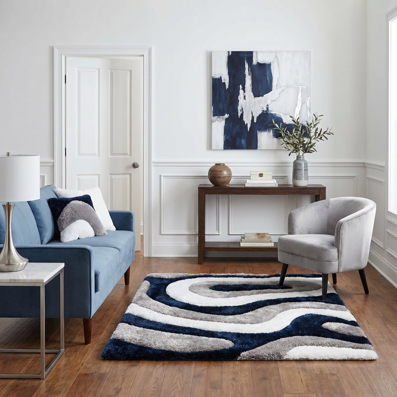 Thionville Shag Blue/Grey/White Shag Area Rug, Rectangle 5' x 7'