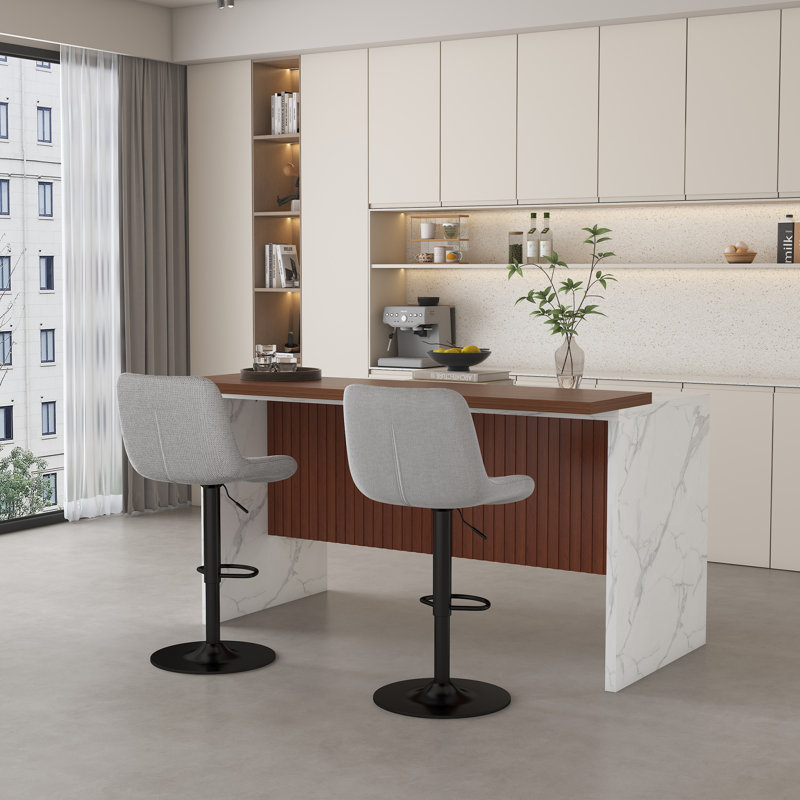Ensemble de 2 tabourets de bar pivotants à hauteur réglable, dossier, tissu tricoté doux, gris | Idée de cadeau