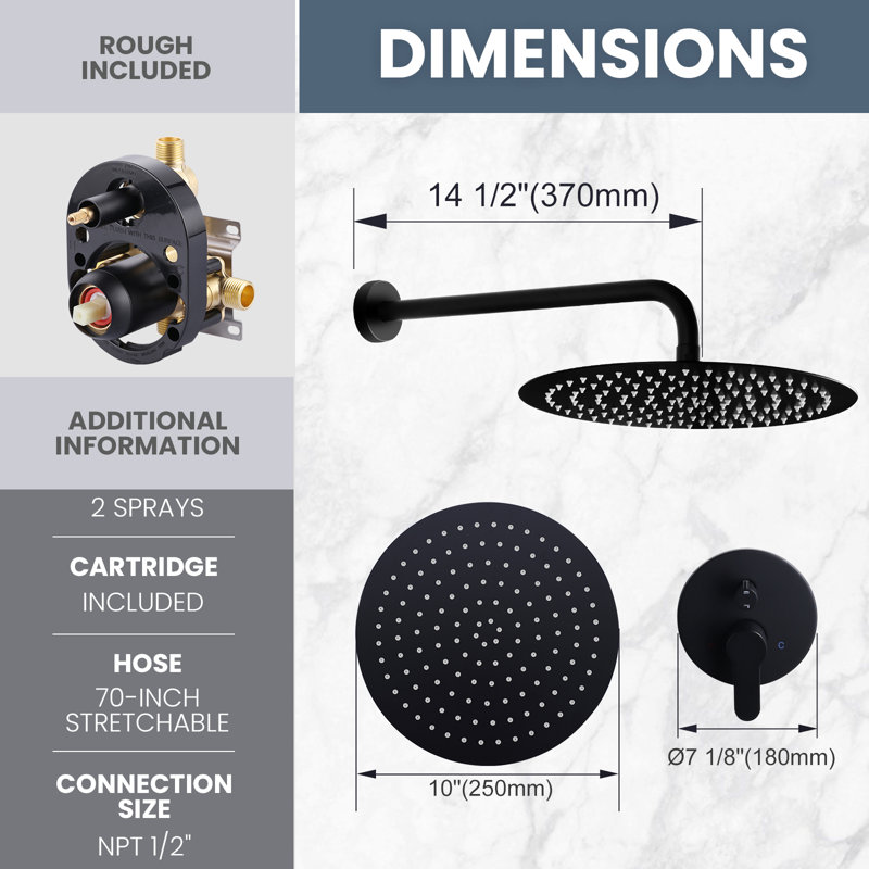 9-Spray Patterns With 1.8 Gpm 12 In. Wall Mount Shower System With Two Showerhead, Black