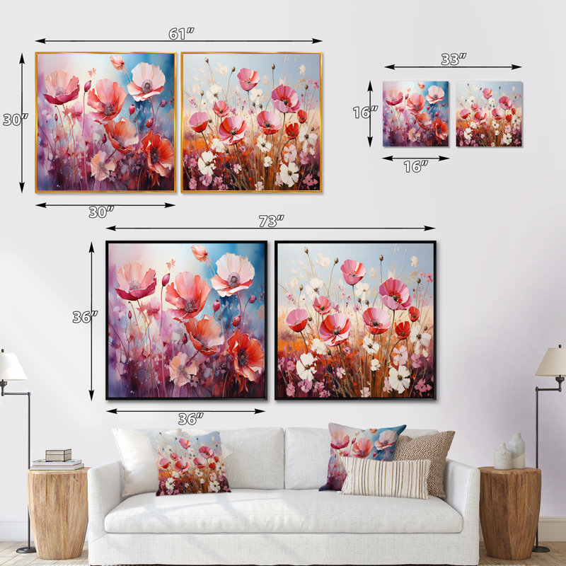 «Pink Crimson Flower Meadow Field», ensemble de 2 collages floraux carrés, Cadre flottant doré, H 36 po x l 73 po