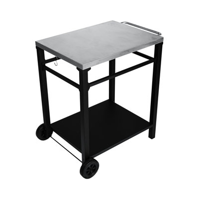2 - Tier Black Outdoor Grill Cart, Stainless Steel Top, Large Wheels, Tool Hooks Movable Bbq Prep Table And Rolling Serving Bar Cart For Patio, Backyard, Pizza Oven Stand Low Effort Cleaning Rust