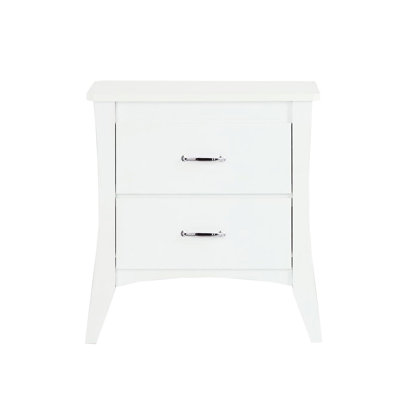 White Nightstand With Two Drawers And Tapered Wooden Legs For Bedroom Use Elegant Style Night Table 2 Metal Drawer Glide