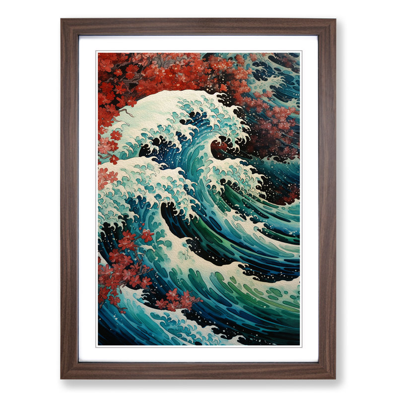 Wave Japanese Renaissance No.2 - Single Picture Frame Print on Wood, Walnut Framed, 64cm H x 46cm W