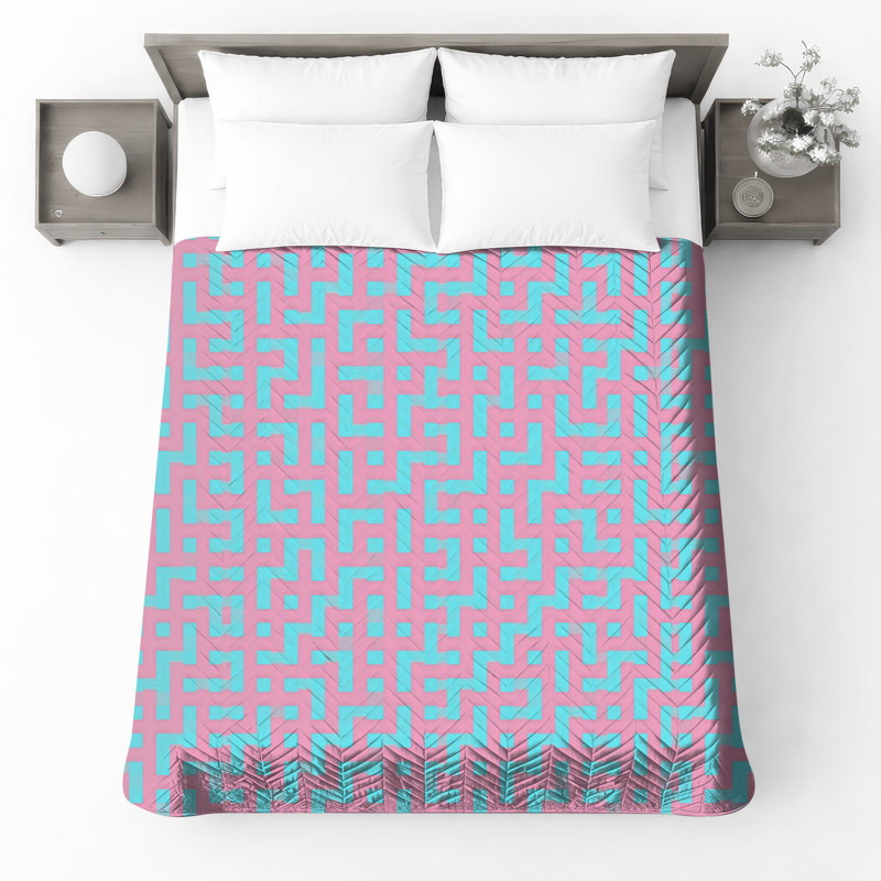 Couvre-lit matelassé bleu et rose, Grand lit