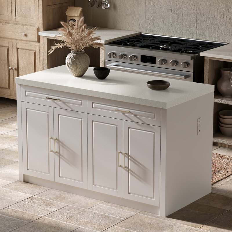 Modern 61"W Kitchen Island With Adjustable Shelves, White/White