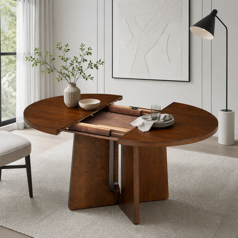 Extendable Solid Wood Round Dining Table, Brown