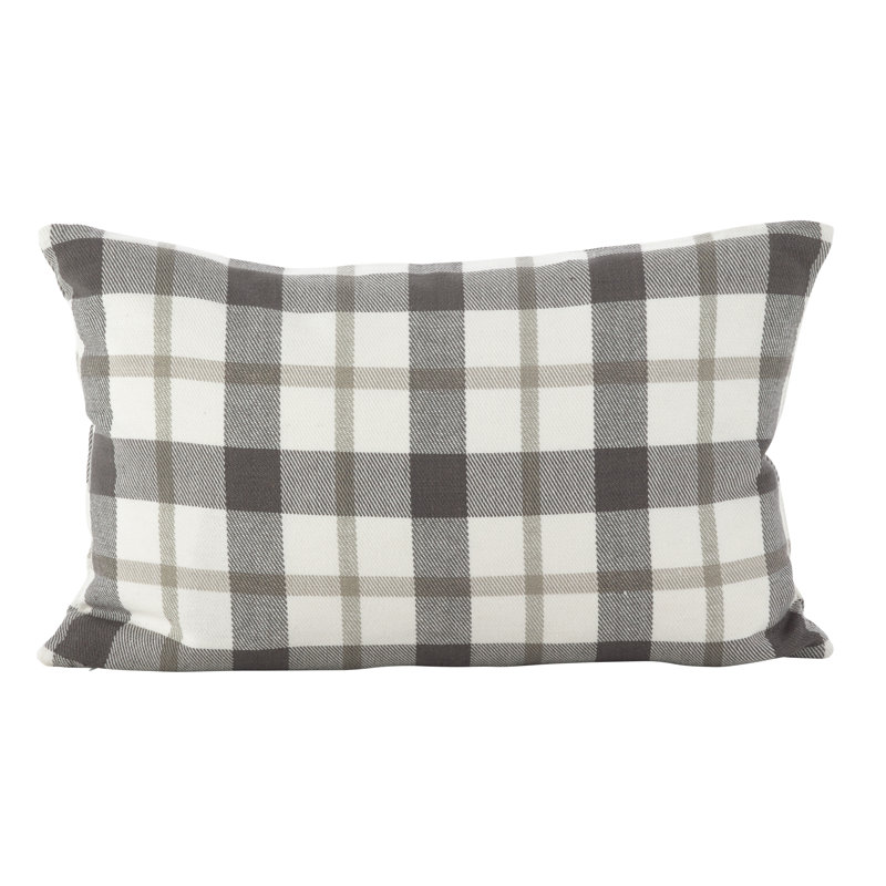 Gray and White Plaid Cotton Down Throw Pillow, 12" x 20"