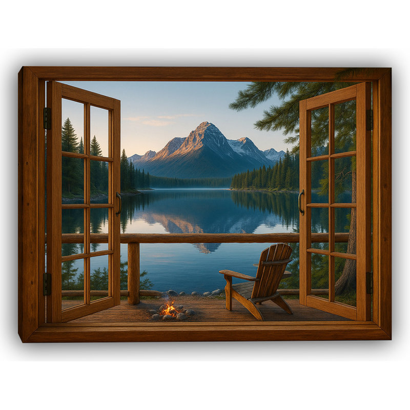 Fireside Serenity - vue sur le lac de montagne par la fenêtre de la cabine