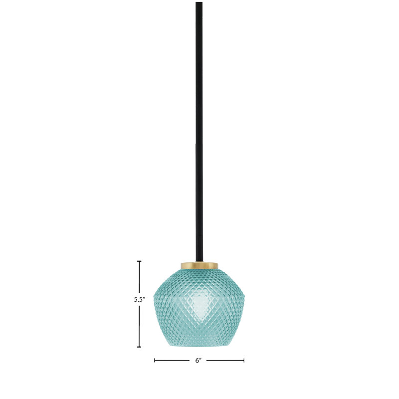 Mini-luminaire suspendu 1 lumière Amarmula, noir mat et laiton vieilli, verre texturé turquoise 6 po, Sarcelle