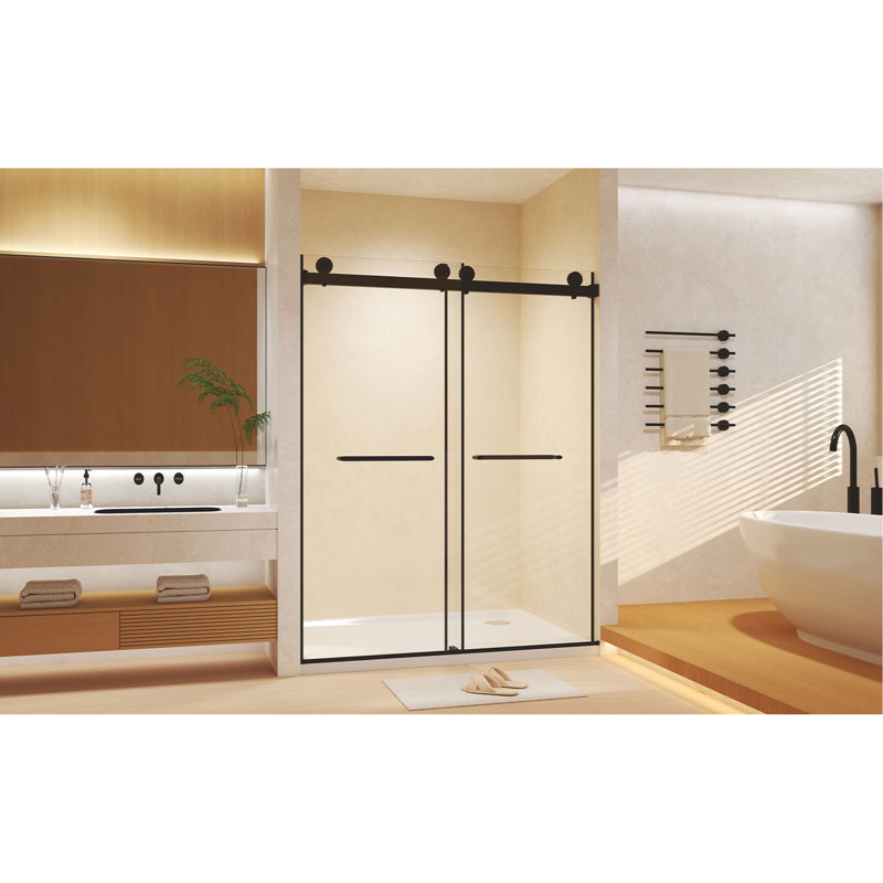 Frameless Double Sliding Shower Door 56-60 "W X 74" H, 5/16 "(8Mm) Tempered Glass, Explosion Proof Film, Stainless Steel Handle, Square Tube Track
