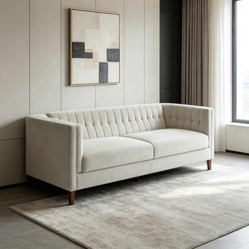 Canapé moderne à 3 places rembourré avec accoudoirs courbés, dossier capitonné et pieds en bois pour le salon, Chenille beige