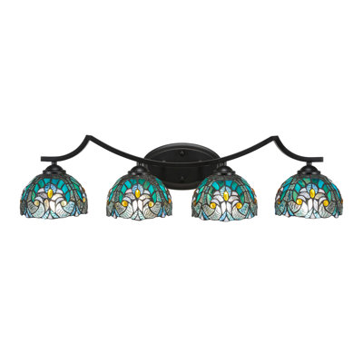 Barre d'éclairage de salle de bain 4 lumières Zilo au fini noir mat avec verre d'art cyprès turquoise de 7 po
