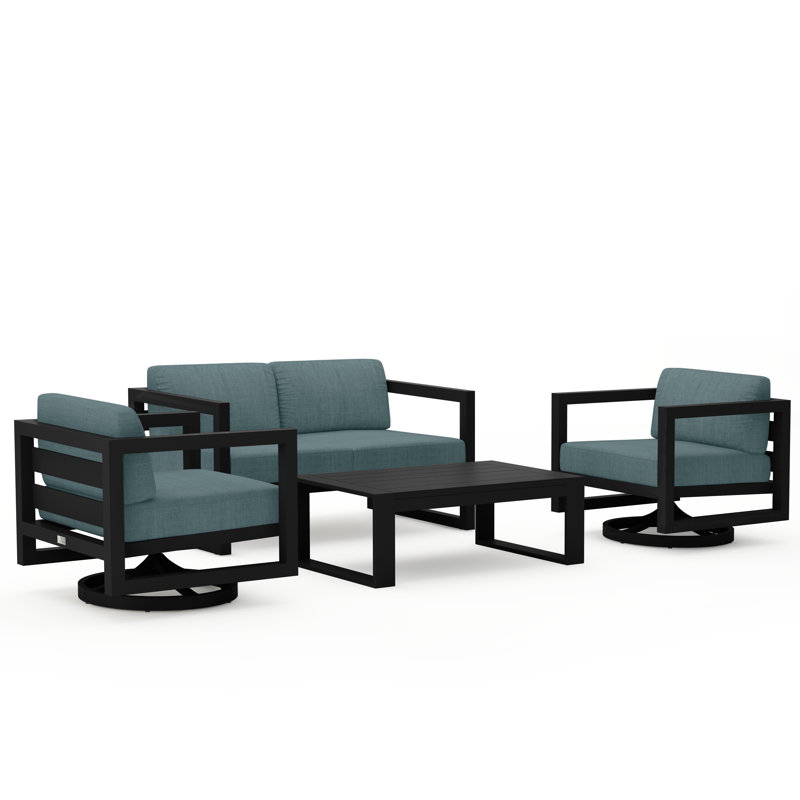 Avion 4 Piece Loveseat Set With Swivel, Spectrum Indigo Sunbrella®, Black