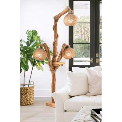 Lampe sur pied en bois faite à la main avec capuchon en jute, hauteur de 55,9 pouces | Câble réglable et capuchons triples | Douille E27 (40 W maximum) | Couleur naturelle | Parfait pour le salon, la chambre à coucher et les décors modernes