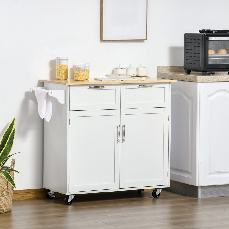 41 Inch Modern Rolling Kitchen Island with Rubberwood Top, Drawers, and White Finish for Enhanced Functionality