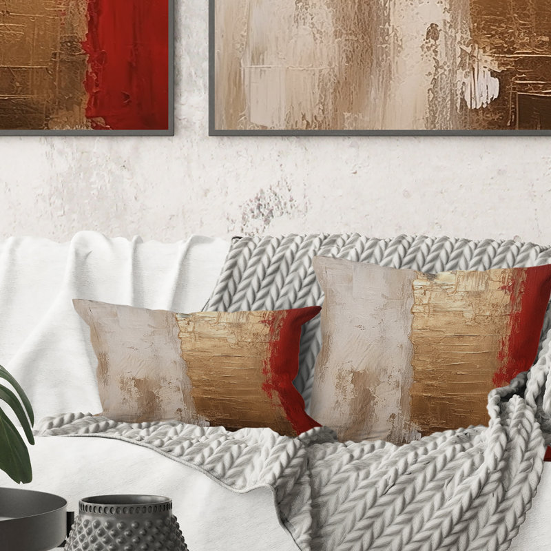 Pleine lune rédempe, abstrait, or et rouge I - Coussin décoratif avec peinture abstraite, 16" x 16"
